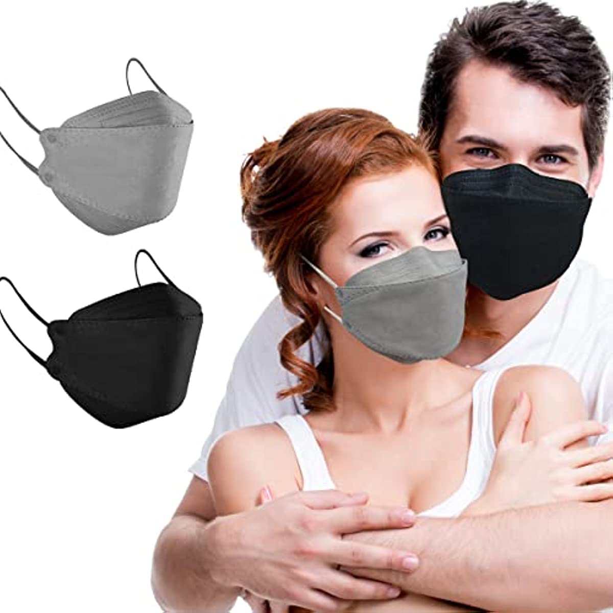 Disposable Face Mask for Adults 4 Ply Face Masks 4 Layers 3D Fish Type Protection Black and Grey Masks 50Pack