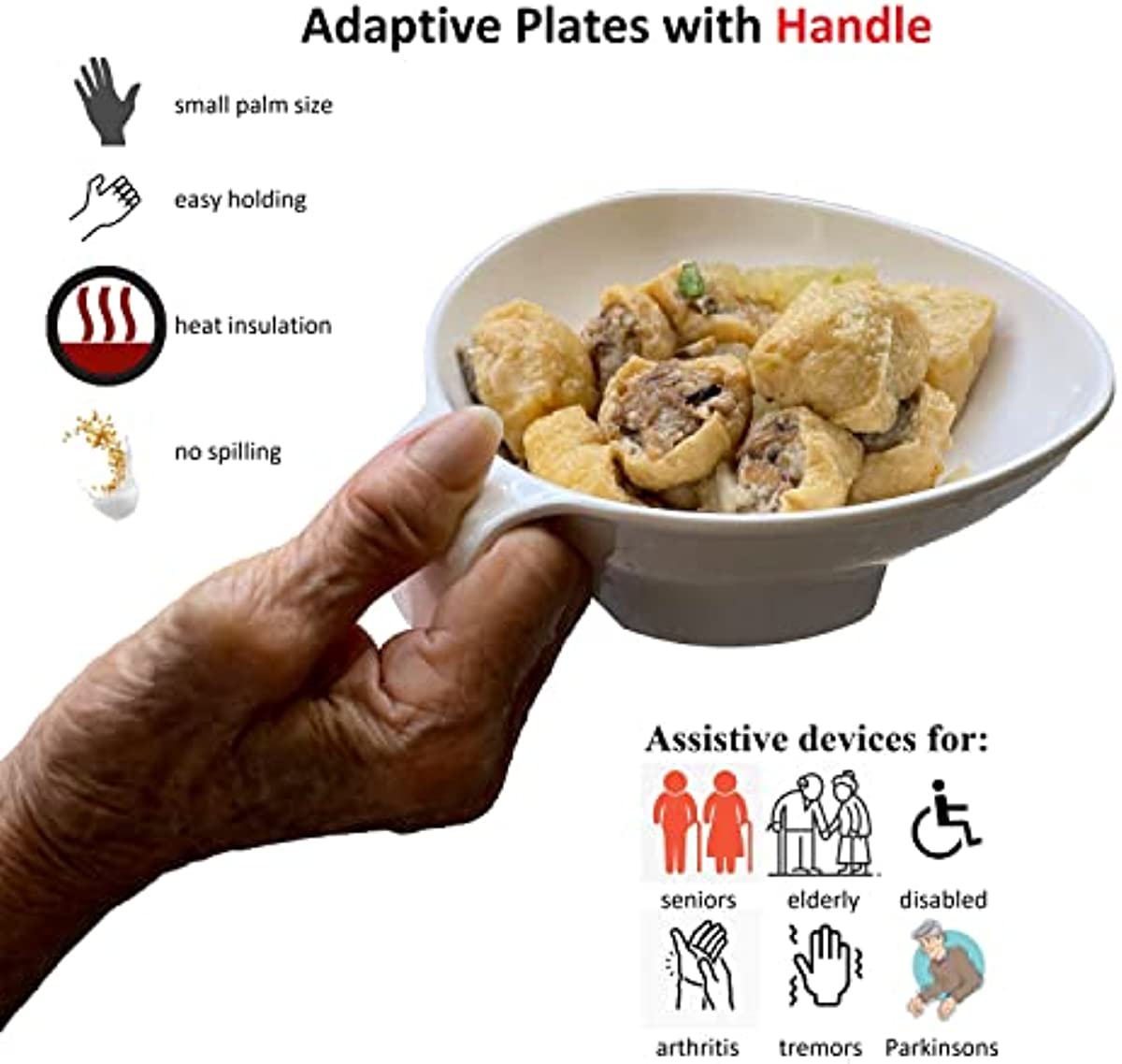 Adaptive Plates with Handles - Small Scoop Plates for Disabled Adults, Eating Utensils for Disabled People, Elderly Aids for Living, Non Skid Spill Proof Bowl Melamine Plates 6\" Milky White