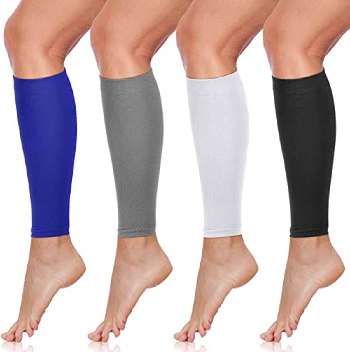 SATINIOR 4 Pairs Calf Compression Sleeve Leg Compression Sock Calf and Shin Support Relieve Calf Pain for Men Women Youth for Running, Cycling, Walking(Black, White, Gray, Blue,Small)