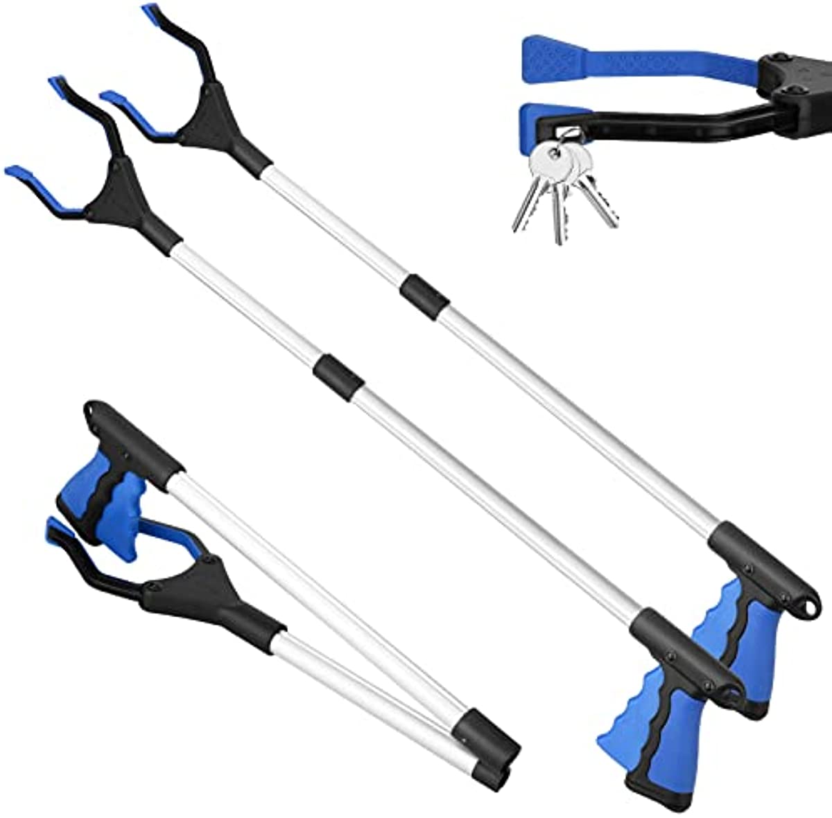 2 Pack 32 Inch Reacher Grabber Tool with 360° Anti-Slip Rotating Jaw, Foldable Grabbers for Elderly, Lightweight Trash Claw Grabber with Magnet, Garden Nabber, Mobility Aid Reaching Assist Tool (Blue)