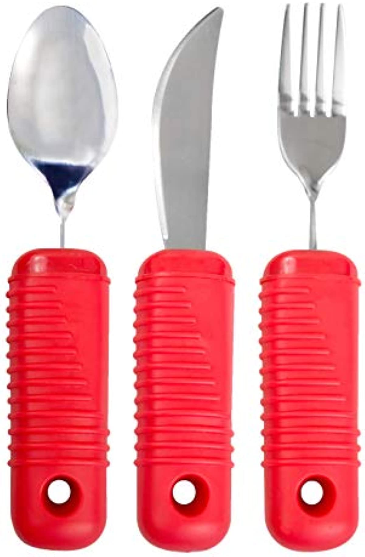 3 Piece Super Easy Grip Red Flatware Set - Bendable Built Up Large Fork, Knife, and Spoon