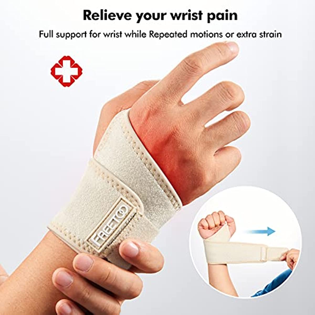 FREETOO Air Mesh Wrist Brace for Carpal Tunnel Support for Pain Relief, Compression Wrist Support Strap at Work for Women Men,Adjustable Wrist Guard fit Right Left Hand for Arthritis Tendonitis(Beige)