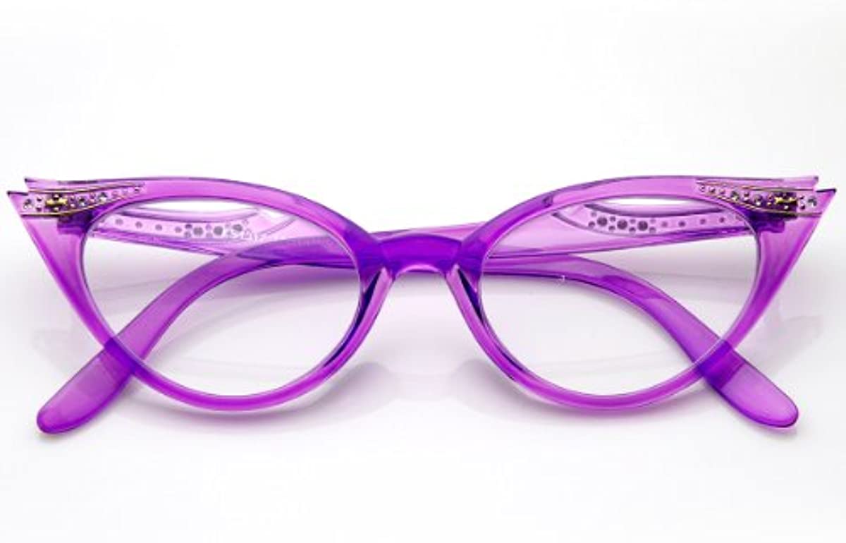 Women\'s Retro Rhinestone Embellished Clear Lens Cat Eye Glasses 51mm