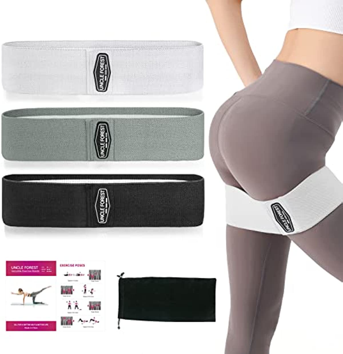 UNCLEFOREST Fabric Resistance Bands for Working Out, 3 Levels Resistance Bands for Legs with Storage Bag, Non-Slip Hip Booty Bands Perfect for Yoga, Pilates, Rehab, Fitness