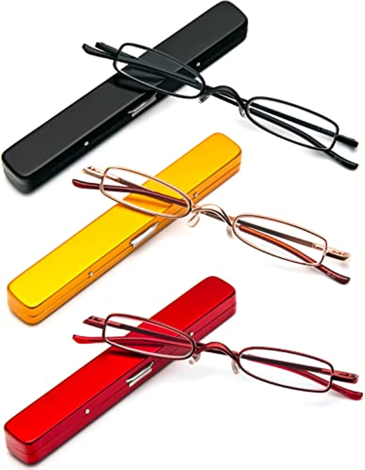 REAVEE 3 Pack Pocket Small Reading Glasses for Women Men Metal Ultra Slim Portable Readers with Pen Clip Case Spring Hinge, Black Red Gold +1.5