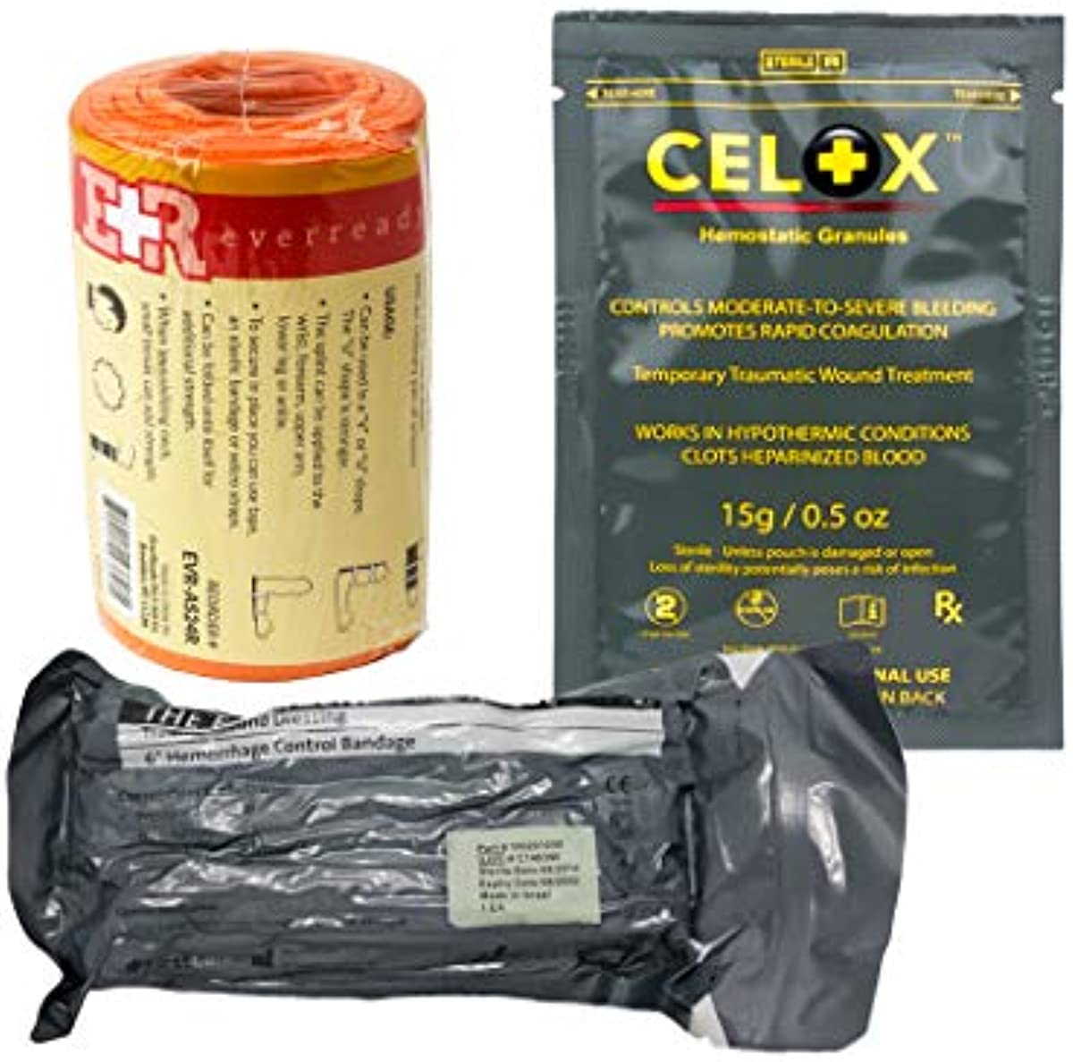 Ever Ready First Aid Combo Pack with Israeli Bandage, Celox Hemostatic Granules and Universal Aluminum Splint