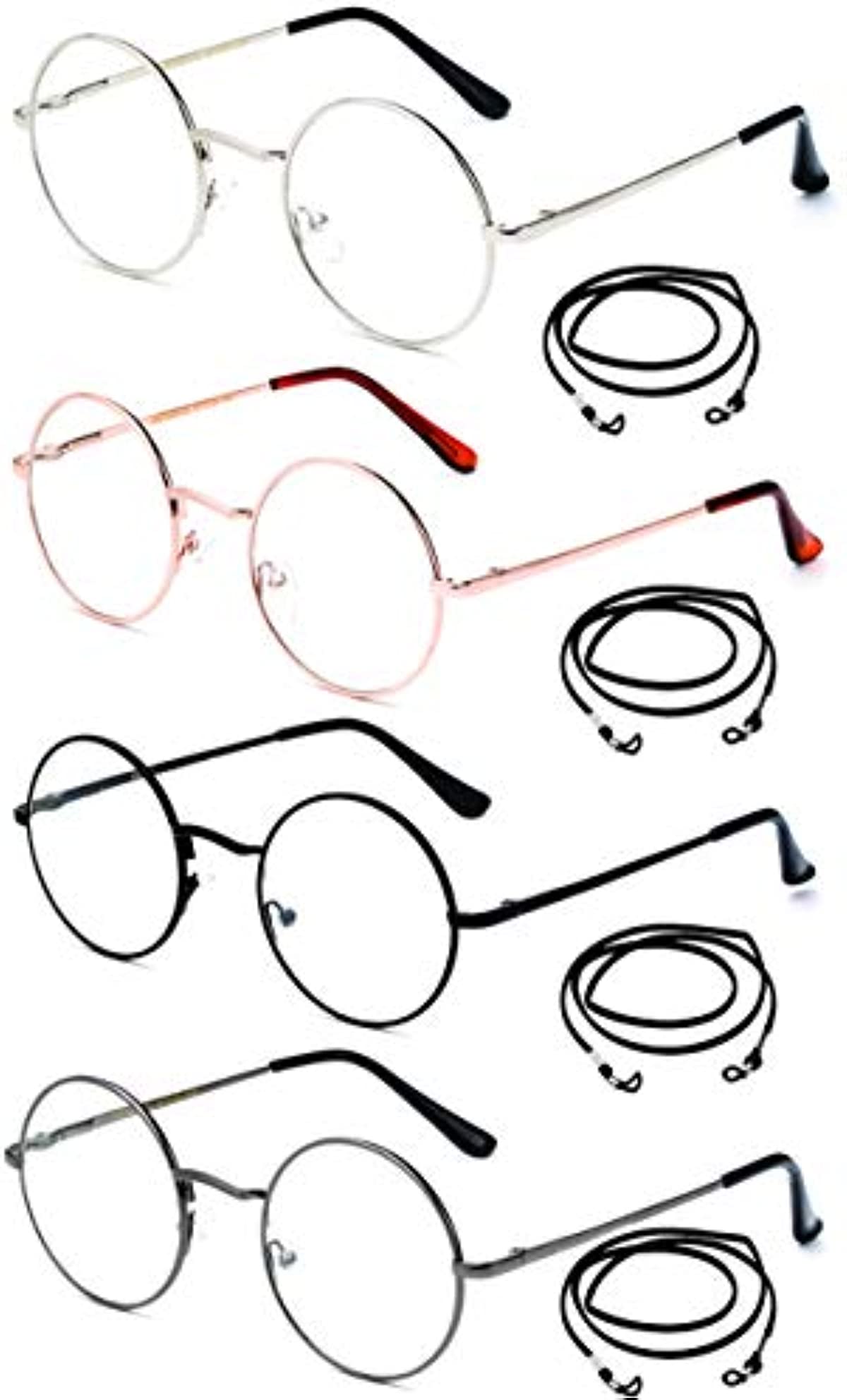 4 Packs Round Reading Glasses with Lanyards Metal Frame Slim Rim Spring Hinge Circle Frame Vintage Reading Glasses +1.00