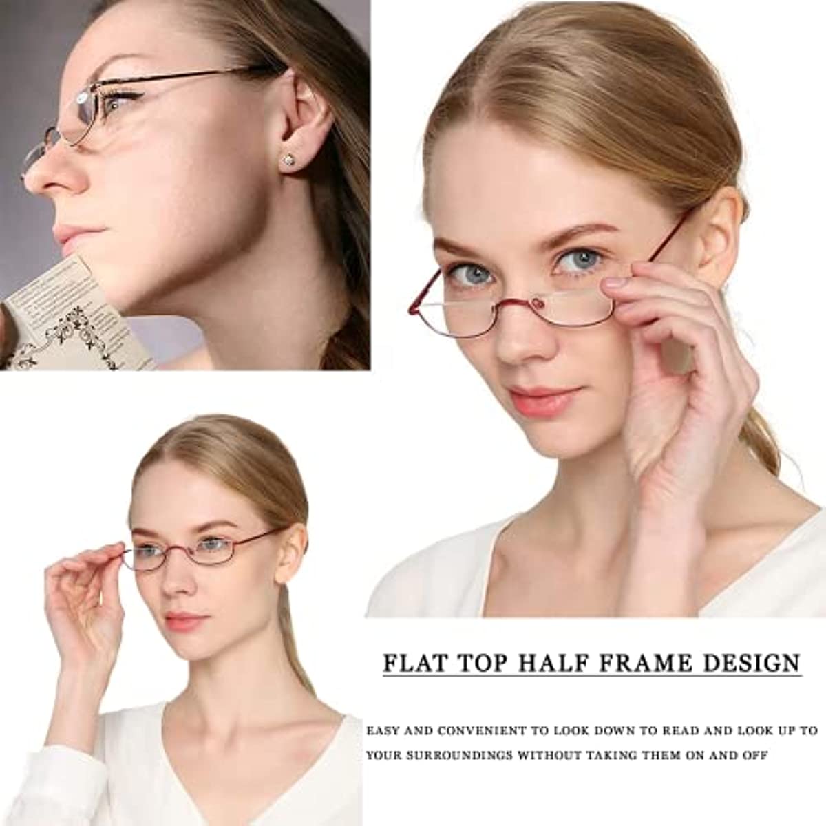 VISENG Half Frame Reading Glasses for Women Men Slim Half Moon Lens Readers Metal 3 pack Semi Rimless eyewear +2.5