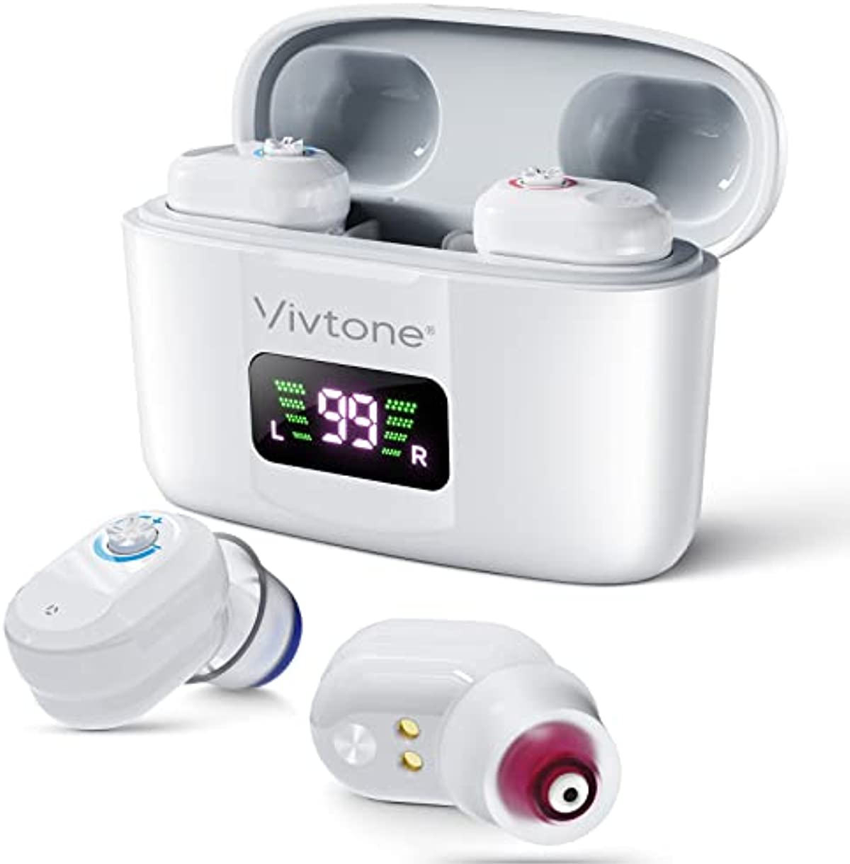 [New Release] Vivtone D07 Rechargeable Hearing Aids, Portable Charging Case Indicating Remaining Power, 120Hrs Backup Power, Over the Counter, Great for Seniors Adults, White, Pair