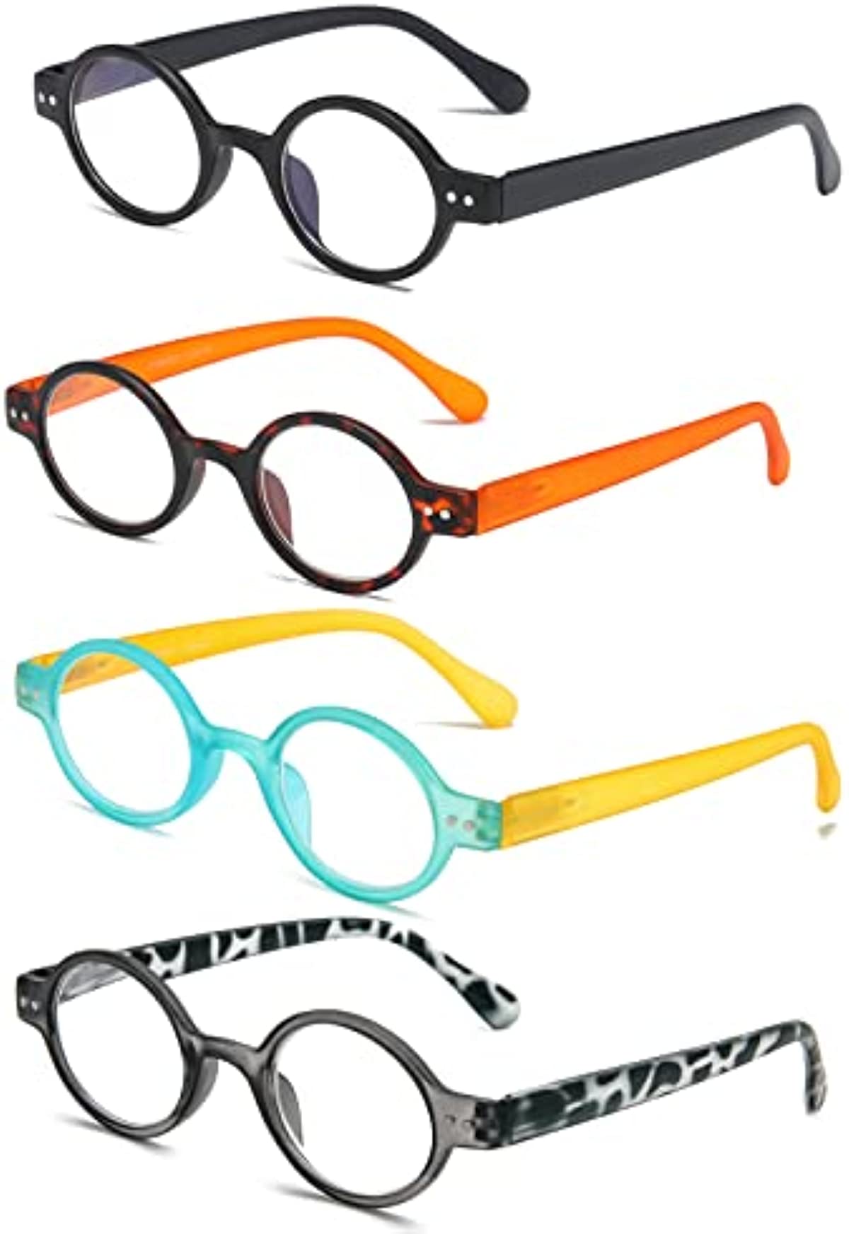 KoKoBin 4-Pack Mini Small Round Reading Glasses Comfortable Readers for Women and Men (Multicoloured2, 2.00)
