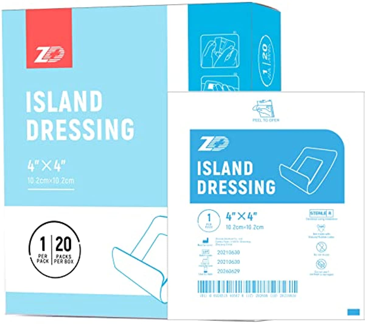 ZD Island Dressing Adhesive Gauze Island Wound Care Bandage with Adhesive Border| Sterile, Soft & Highly Absorbent Medical Grade Dressing Pad 4x4 Inch (Pack of 20)