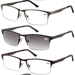 Eyecedar 5-Pack Metal Half-frame Reading Glasses Men Rectangle Style Stainless Steel Material Spring Hinges Include Sun Readers 1.00