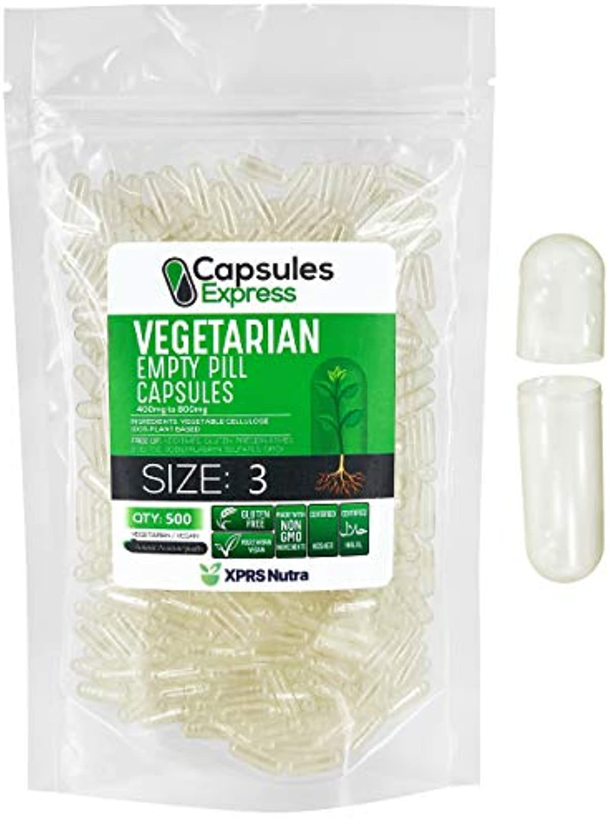 XPRS Nutra Size 3 Empty Capsules - 500 Count Clear Empty Vegan Capsules - Capsules Express Vegetarian Empty Pill Capsules- DIY Vegetable Capsule Filling- Veggie Pill Capsules Empty Caps