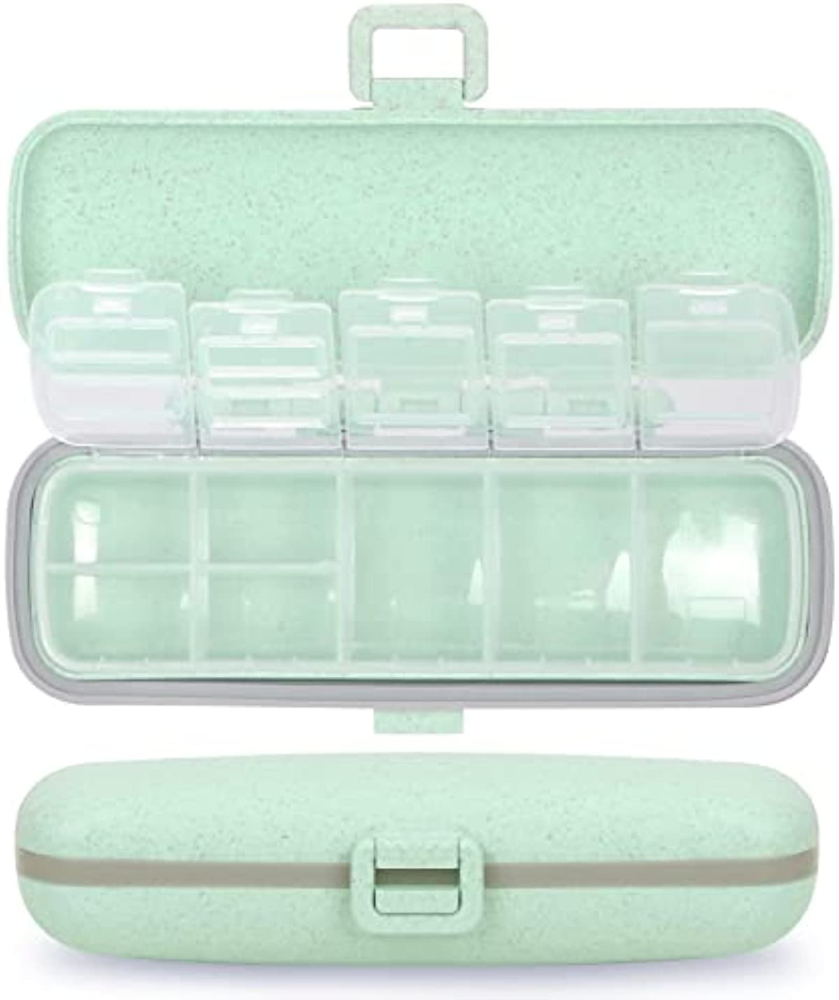 Naturetouch Pill Organizer, 7 Compartments Pill Box Portable Travel Medicine Organizer for Purse or Pocket 7 Day Pill Dispenser Storage Case with Lock for Vitamin Medication Fish Oil Supplements Gree