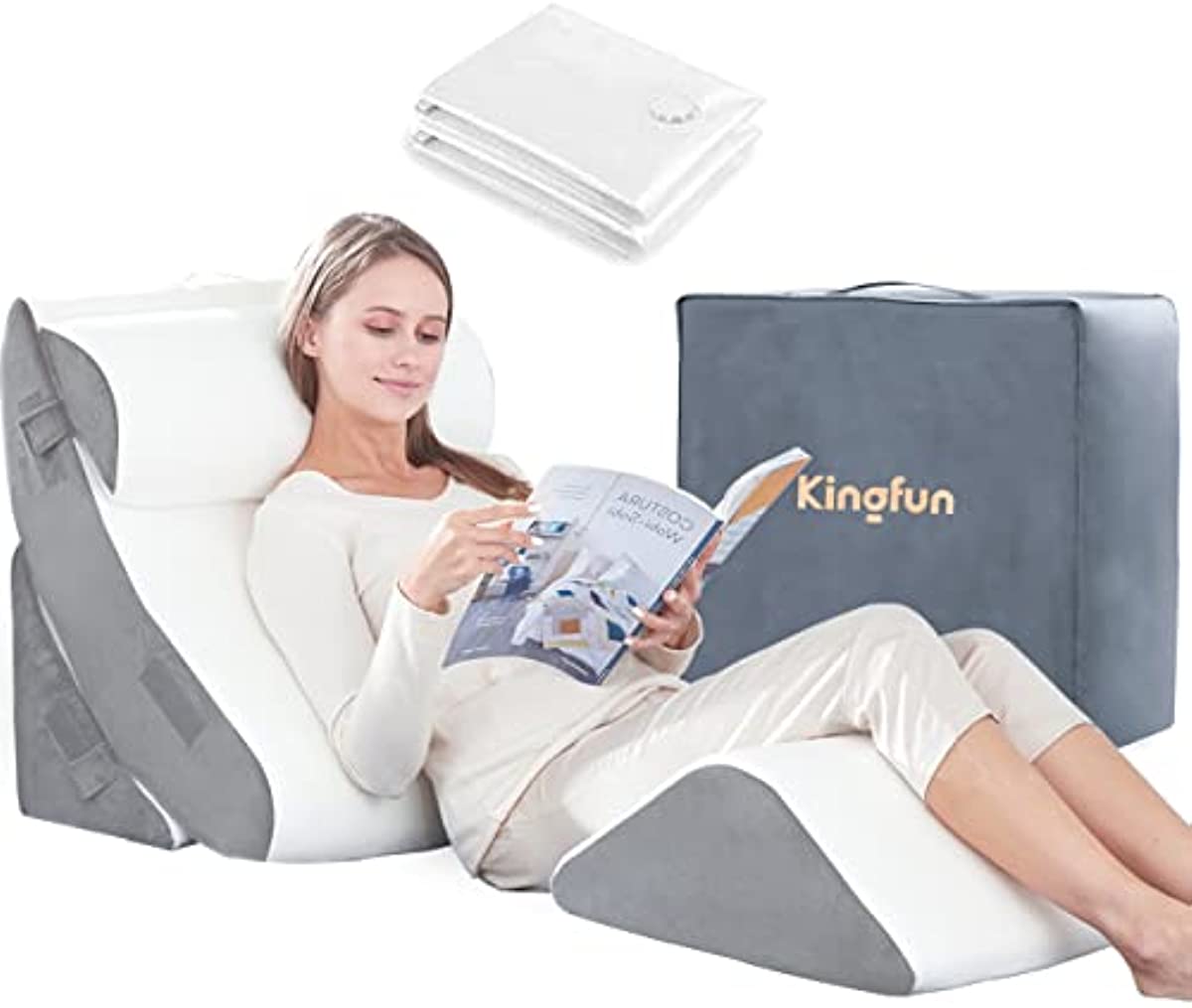Kingfun 4pcs Orthopedic Bed Wedge Pillow Set, Post Surgery Memory Foam Wedge Pillows for Sleeping, Adjustable Leg, Back Support, Arm Pillow, Sitting Up Bed Rest Sleep Pillow with Travel Bag