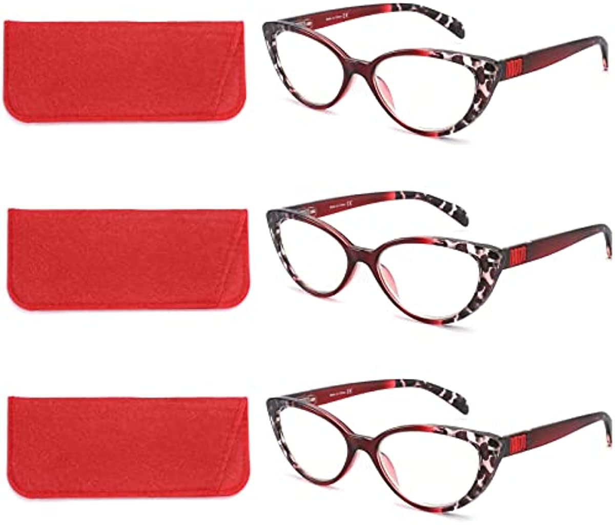 OSLOB 3 PACK Red Cat Eye Reading Glasses for Women Blue Light Blocking Readers with Spring Hinge Anti Glare UV（Red,2.5）
