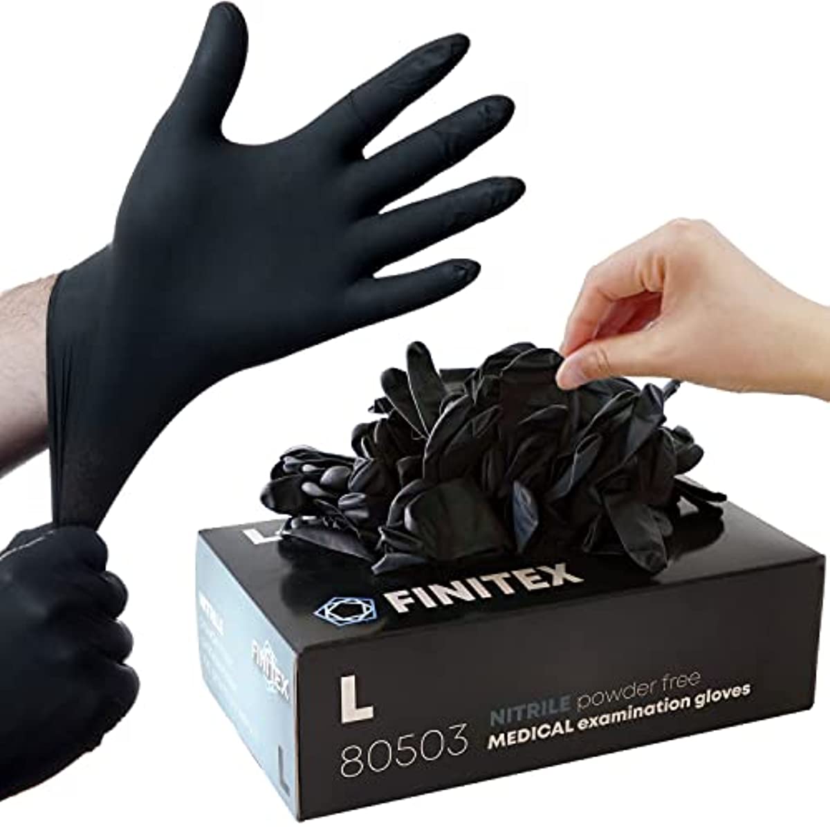 FINITEX - Black Nitrile Disposable Gloves, 5mil, Powder-free, Medical Exam Gloves Latex-Free 100 PCS For Cleaning Food Gloves (Large)