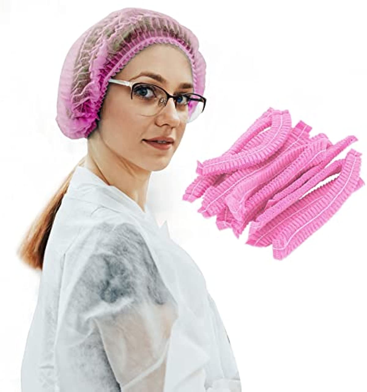 100 Pack 21\" Disposable Nonwoven Bouffant Caps Hair Net for Hospital Salon Spa Catering and Dust-free Workspace (pink)