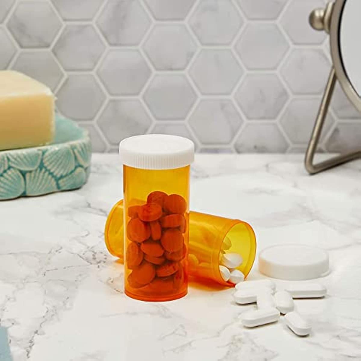 50 Pack Empty Pill Bottles with Caps for Prescription Medication, 8-Dram Plastic Vials (Orange)