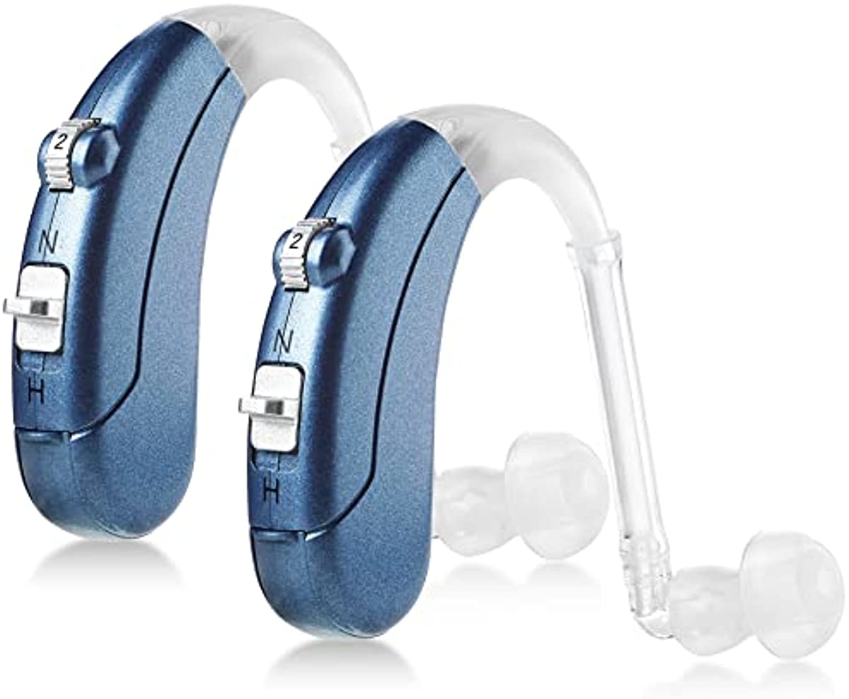 Digital Hearing Amplifier Pair - 500-Hour Battery-Operated BTE Personal Sound Assist Device with 2 Modes, Volume Control & Noise Cancelling, Behind-the-Ear Aids for Adults and Seniors