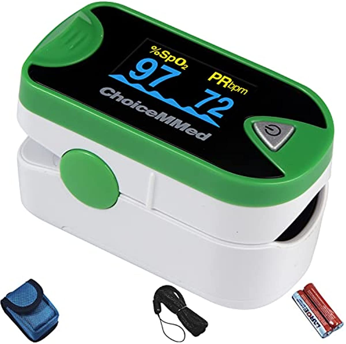 ChoiceMMed Dual Color OLED Finger Pulse Oximeter - Green - Blood Oxygen Saturation Monitor with Color OLED Screen Display and Included Batteries - O2 Saturation Monitor