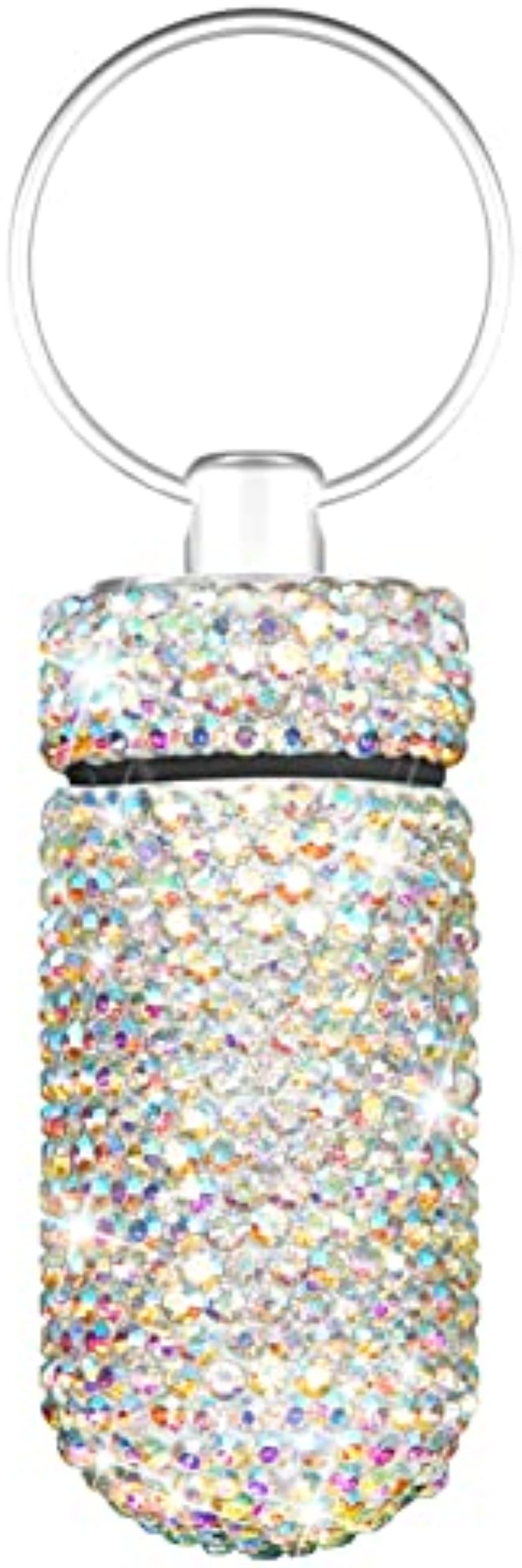 Yuchew Bling Pill Case Pill Container Rhinestone Pill Box Portable Waterproof Pocket Pill Holder Storage Bottle with Keychain for Travel, Outdoor, Camping (AB Color)