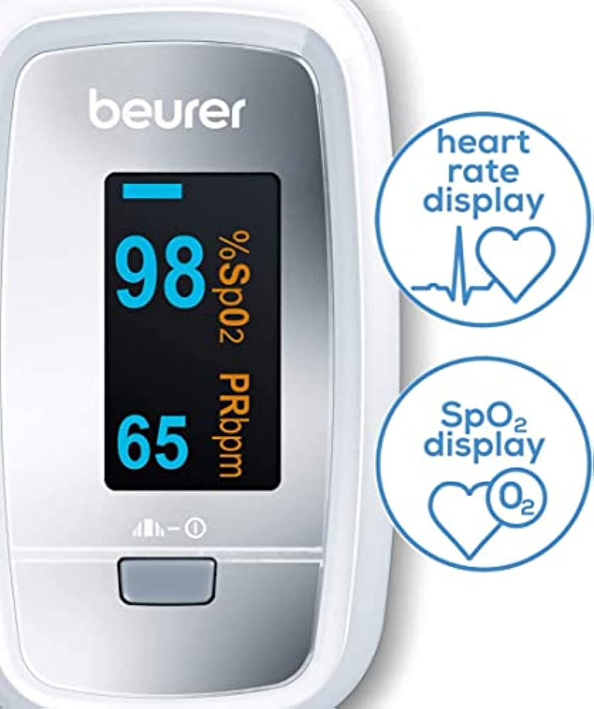 Beurer PO30 Fingertip Pulse Oximeter with 4 Color Display Formats, Lanyard, Protective Storage Bag, and Batteries – Blood Oxygen Saturation Monitor with Heart Rate, Oxygen Meter Finger Pulse Oximeter