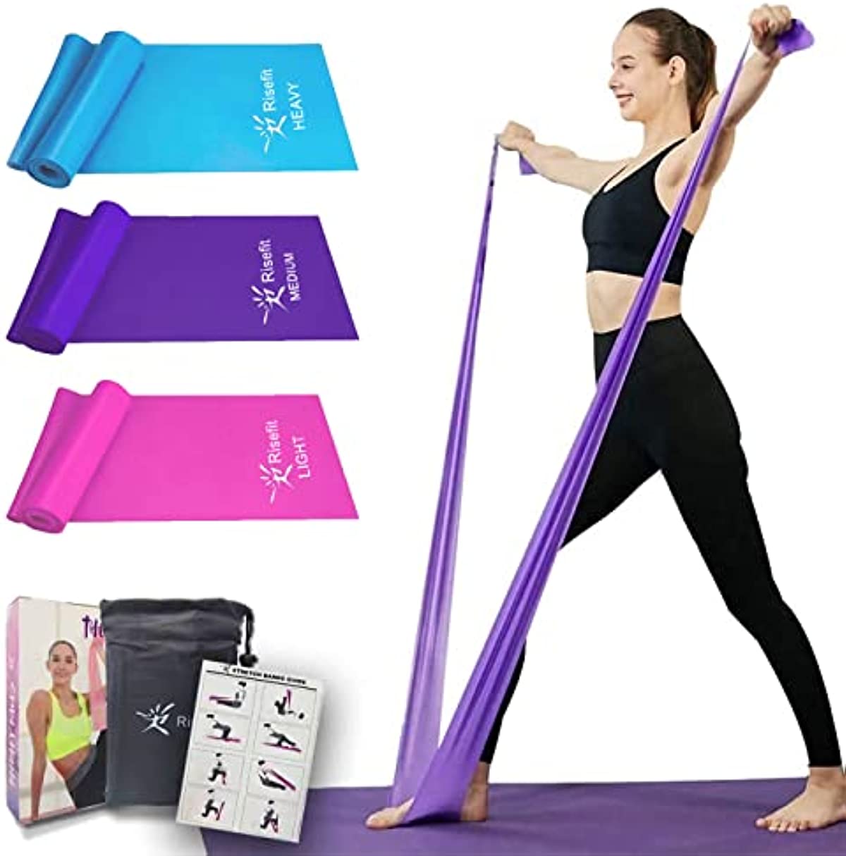 Therapy Flat Resistance Bands Set, Latex Free Flat Elastic Exercise Stretch Bands for Stretching, Flexibility, Pilates, Yoga, Ballet, Gymnastics, Rehab, Workout, Pink, Purple, Blue (3 Pack, 5 FT long)