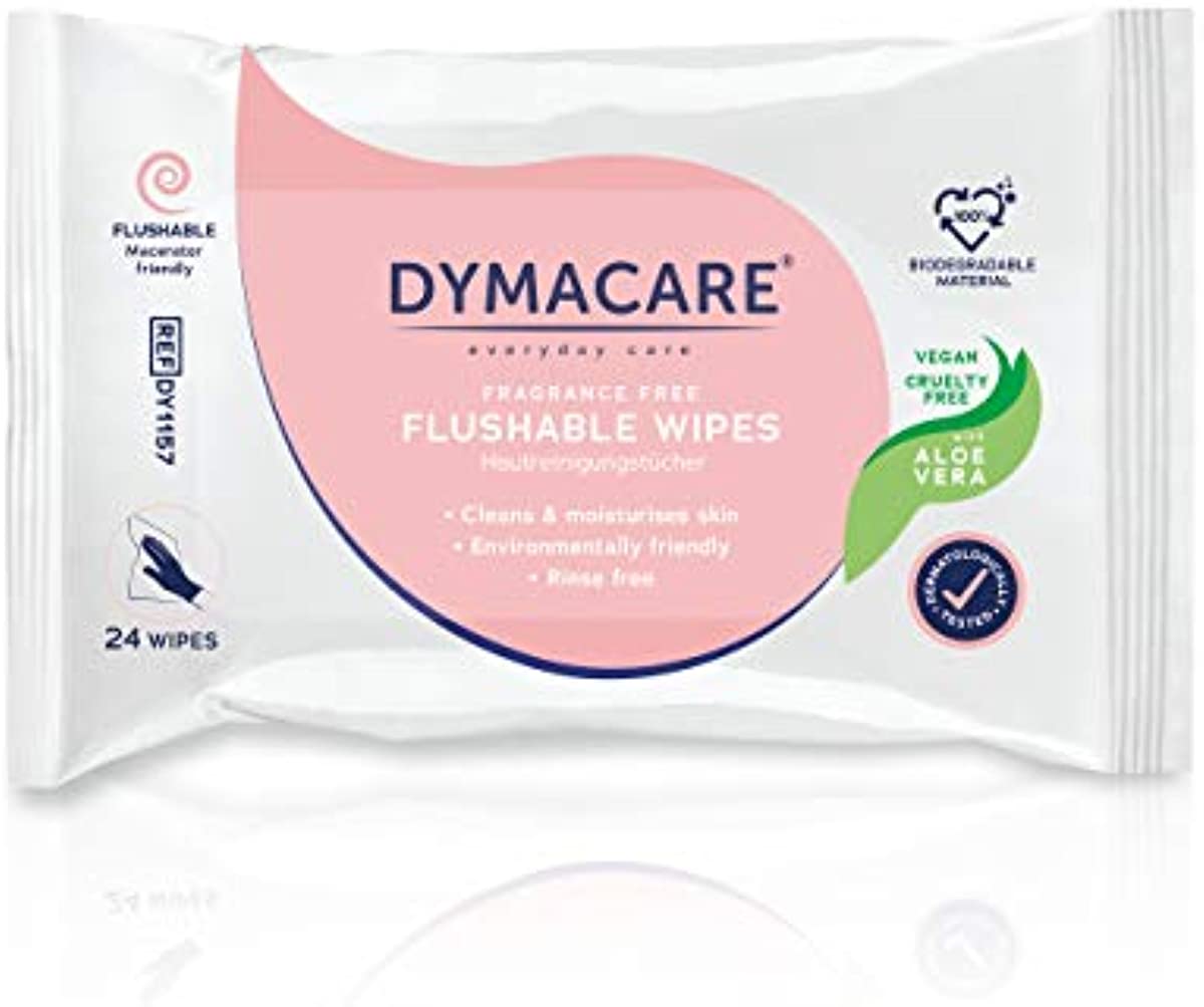 DYMACARE Flushable Wet Wipes | Gentle Biodegradable, Dispersible Fragrance-free Moist Body Cleansing Wipes | with Aloe Vera | 1 Pack of 24 wipes