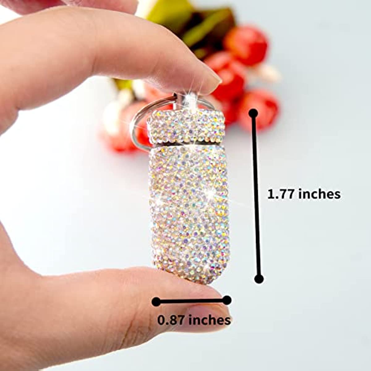 Yuchew Bling Pill Case Pill Container Rhinestone Pill Box Portable Waterproof Pocket Pill Holder Storage Bottle with Keychain for Travel, Outdoor, Camping (AB Color)