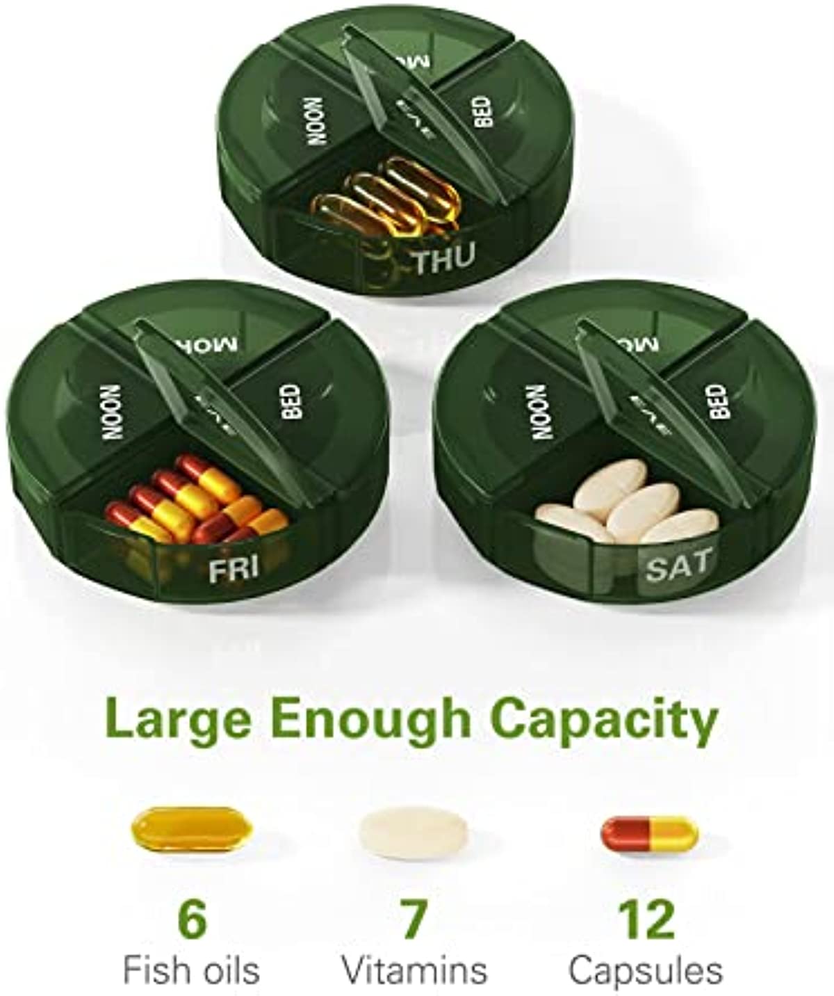 TookMag Large Weekly Pill Organizer 4 Times A Day, One Week Daily Pill Box Weekly, Pill Cases Portable for Pills Vitamin Fish Oil Supplements (Green)