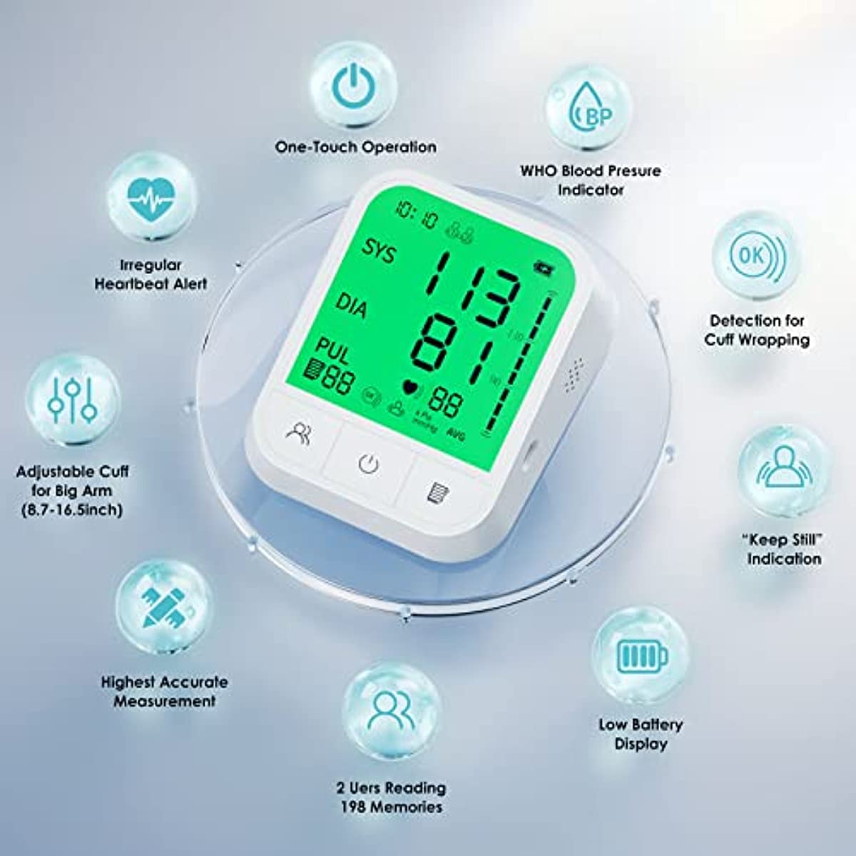 Blood Pressure Machine, Upper Arm Blood Pressure Monitors for Home Use, Automatic Extra Large Blood Pressure Cuff with 4.5” Large Backlit Display & 2 Users 198 Sets Memory