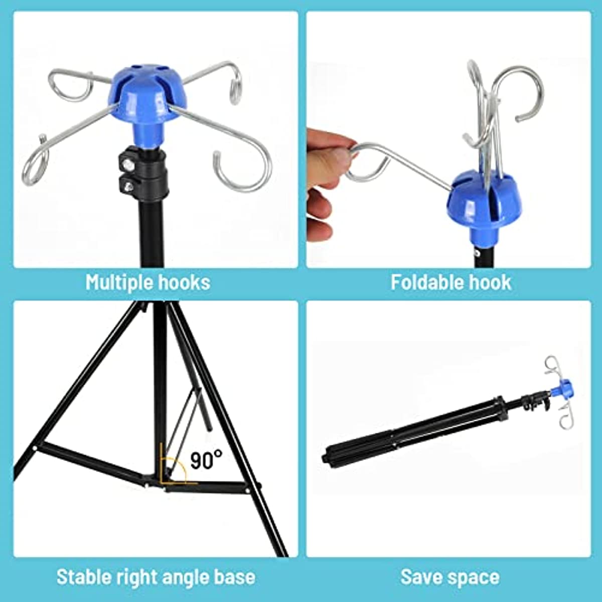GSCDJCM Portable Collapsible IV Pole Stand, Aluminum Alloy, 4 Hook 3 Leg, Adjustable Height ，for Hospitals, Clinics, Wheelchairs and Beds