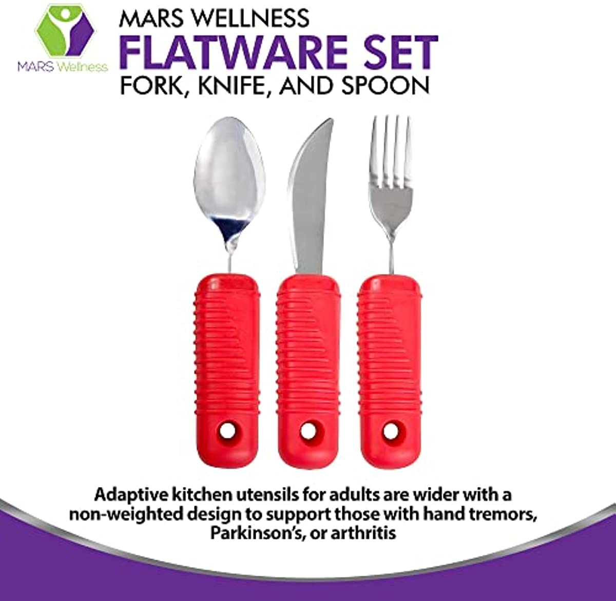 3 Piece Super Easy Grip Red Flatware Set - Bendable Built Up Large Fork, Knife, and Spoon