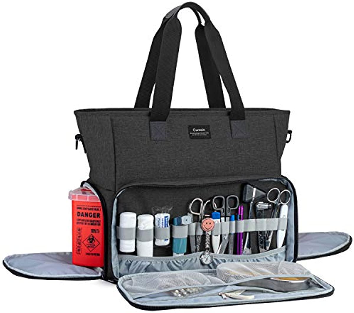 CURMIO Nurse Bag and Tote for Work, Nursing Clinical Bag with Padded Laptop Sleeve for Home Visits, Health Care, Hospice, Bag ONLY, Black (Patent Pending)