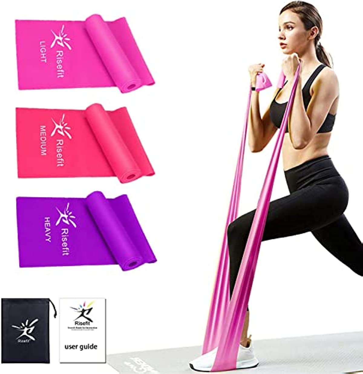 Risefit Resistance Bands Set 3PCs 5FT Long Latex Free Purple Stretch Bands for Working Out Therapy Exercise theraband for Physical Therapy, Yoga Ballet Dance Pilates Rehab