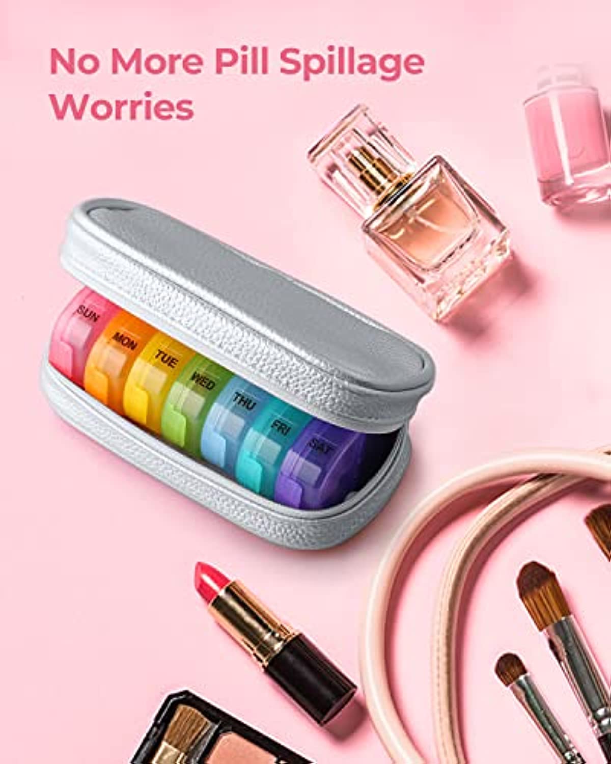 Cute Pill Organizer 2 Times a Day, AMOOS PU Leather Pill Case for Women, Portable Weekly Pill Box for Purse with Storage Bag to Hold Vitamins/Medications/Fish Oils/Supplements, Silver