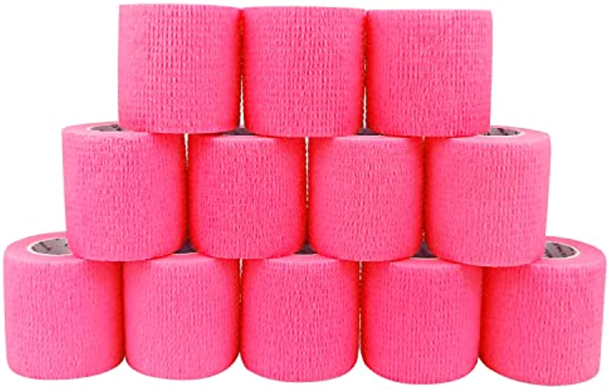 COMOmed Self Adherent Cohesive Bandage 2\"x5 Yards First Aid Bandages Stretch Sport Athletic Wrap Vet Tape for Wrist Ankle Sprain and Swelling,Hot Pink(12 Rolls)
