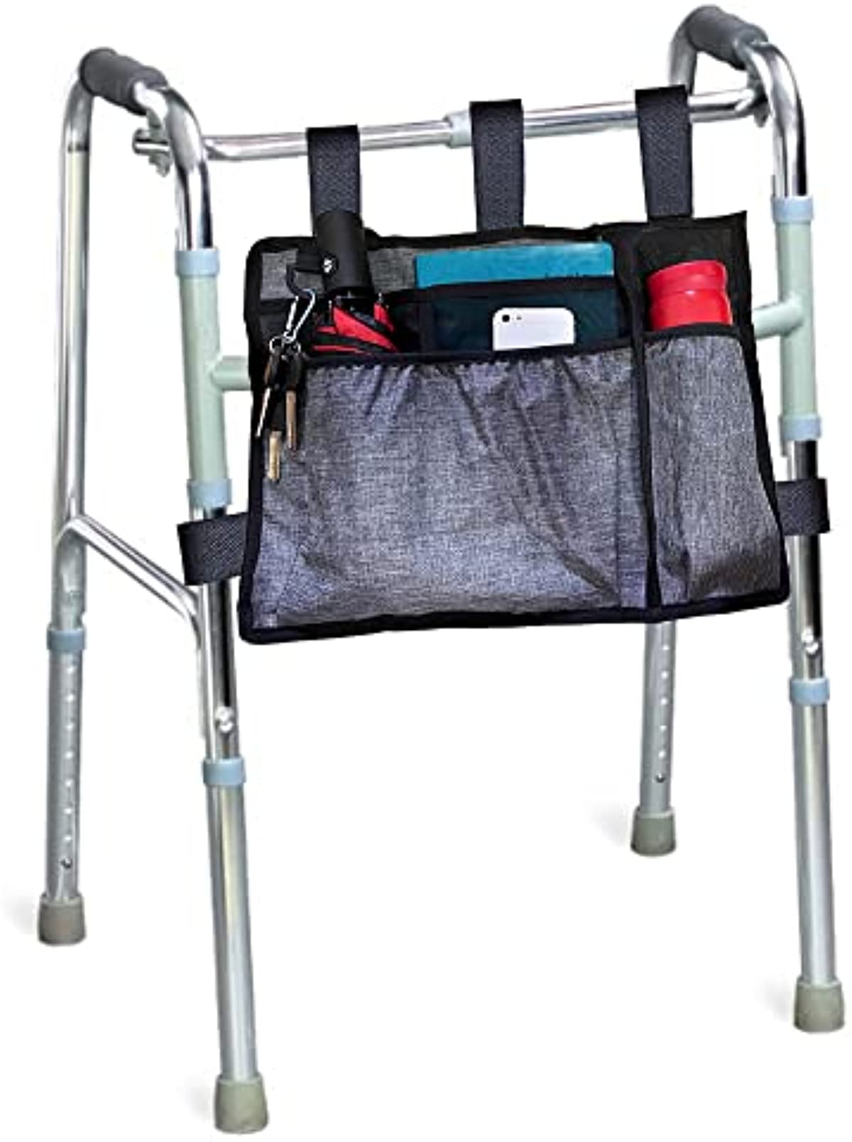 Walker Bag Organizer with Cup Holder Pocket Rollator Storage Bags Folding Wheelchair Accessories Bags Replacement Mobility Scooter Pouch for Elderly and Seniors (Black)