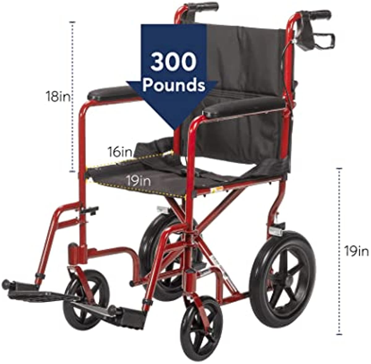 Drive Medical EXP19LTRD Lightweight Expedition Folding Transport Wheelchair with Hand Brakes, Red