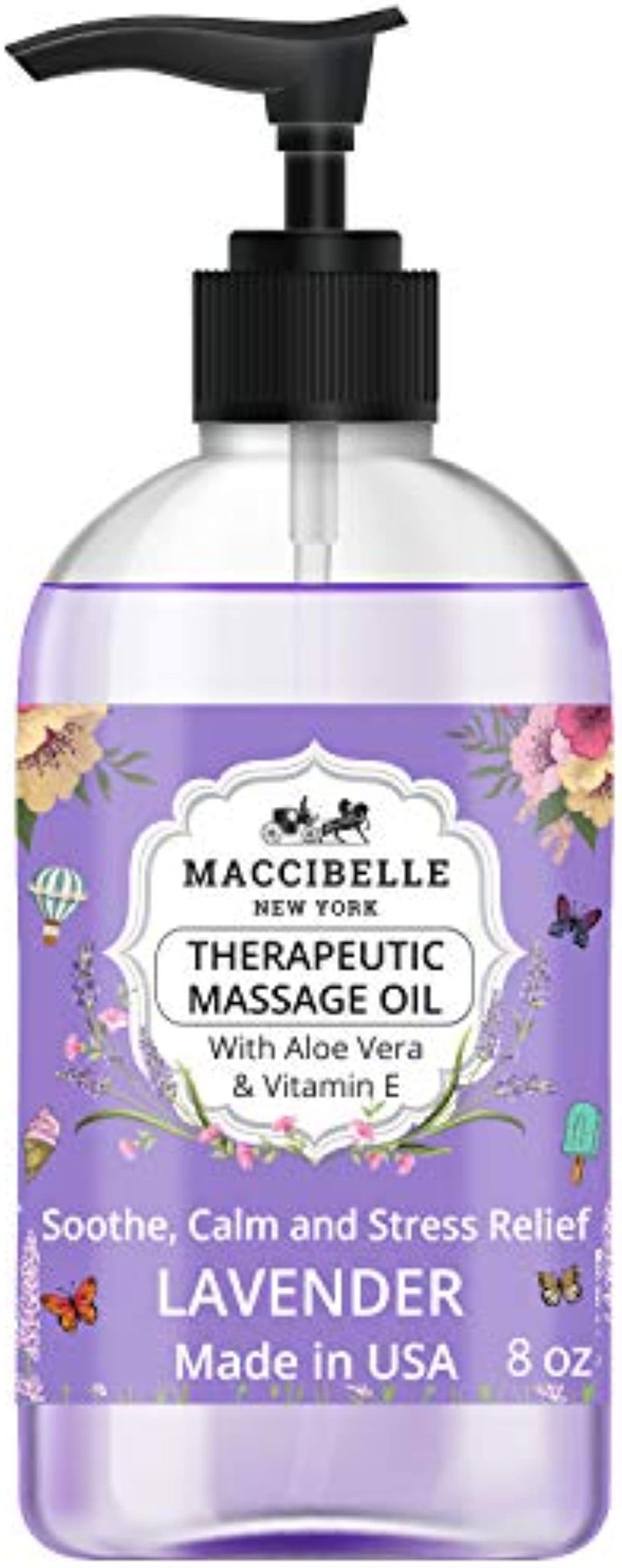 Maccibelle Natural Sensual Massage Oil for Couples Therapeutic and Aromatherapy Massage with Vitamin E, Aloe Vera and Lavender for Soothing, Calming and Muscle Relief 8 oz