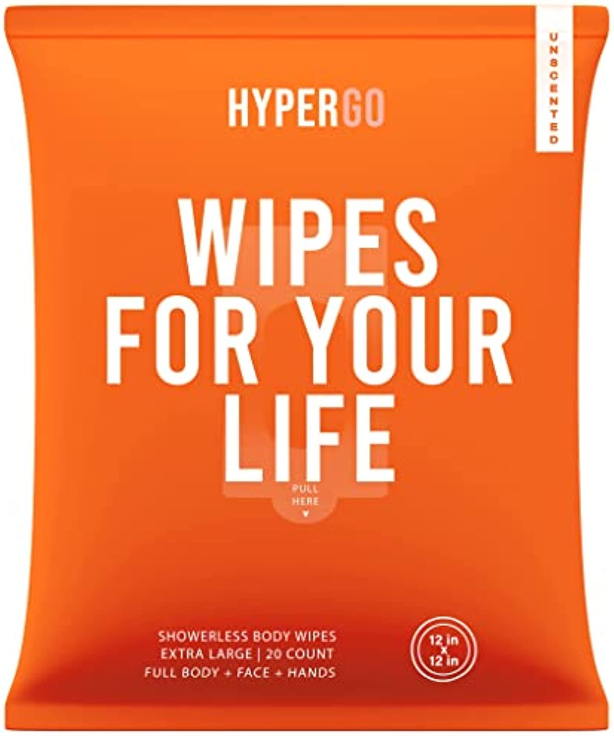 HyperGo Full-Body Rinse-Free Hypoallergenic Biodegradable Bathing Wipes –All Natural, Refreshing Anytime Anywhere, Post Workout, Camping, Travel, Daily Life, 12”x12” X-Large 20-count, Unscented 1 Pack