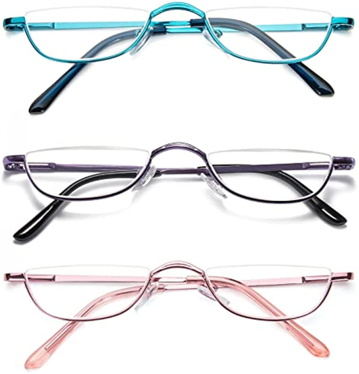 DXYXYO Half Moon Reading Glasses for Women Men Small Semi Frame Metal Spring Hinge Readers
