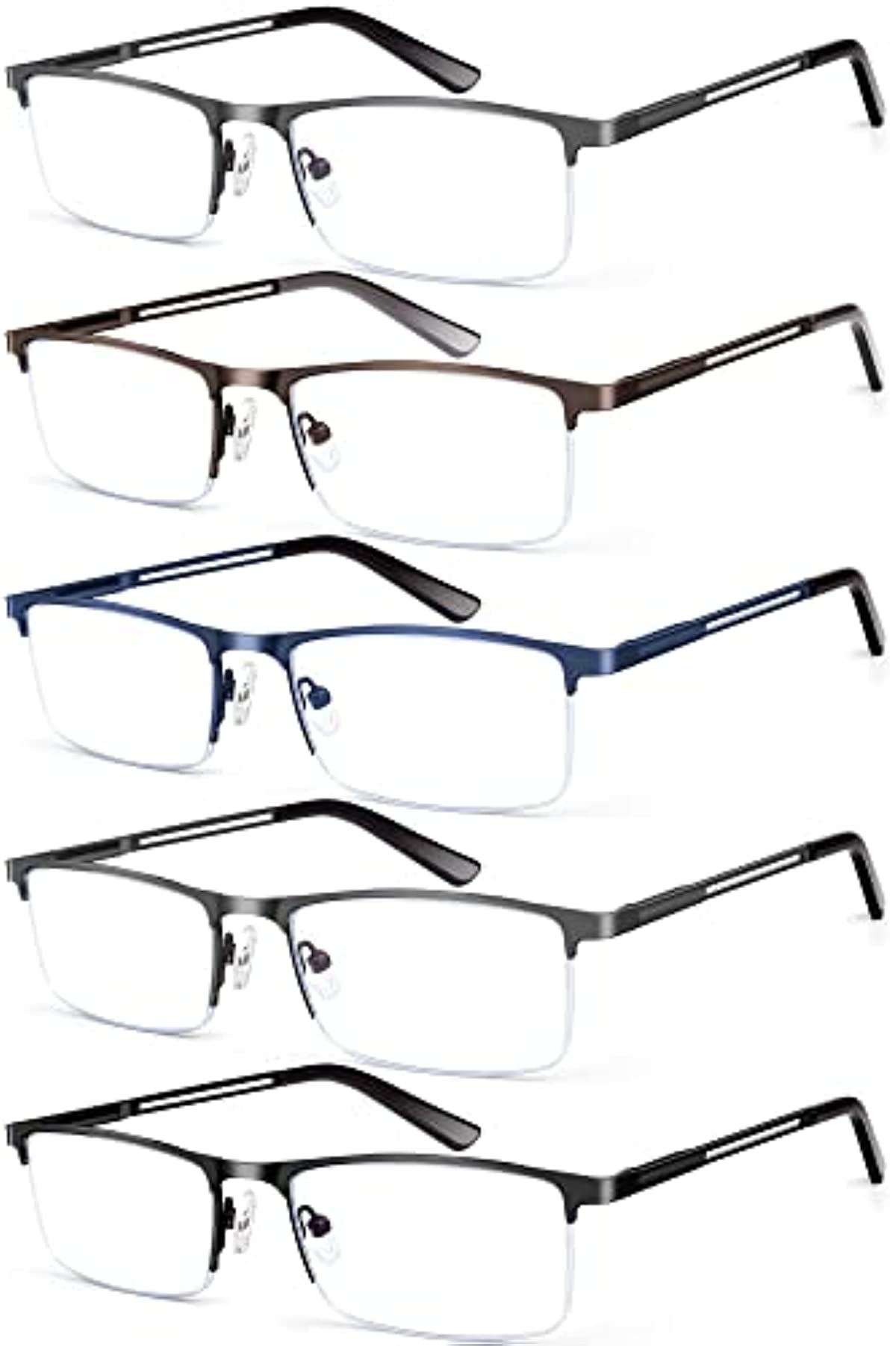 KONHAGO Blue Light Blocking Reading Glasses for Men, Half Frame Metal Readers Spring Hinge Eyeglasses Anti Eyestrain/Glare/UV