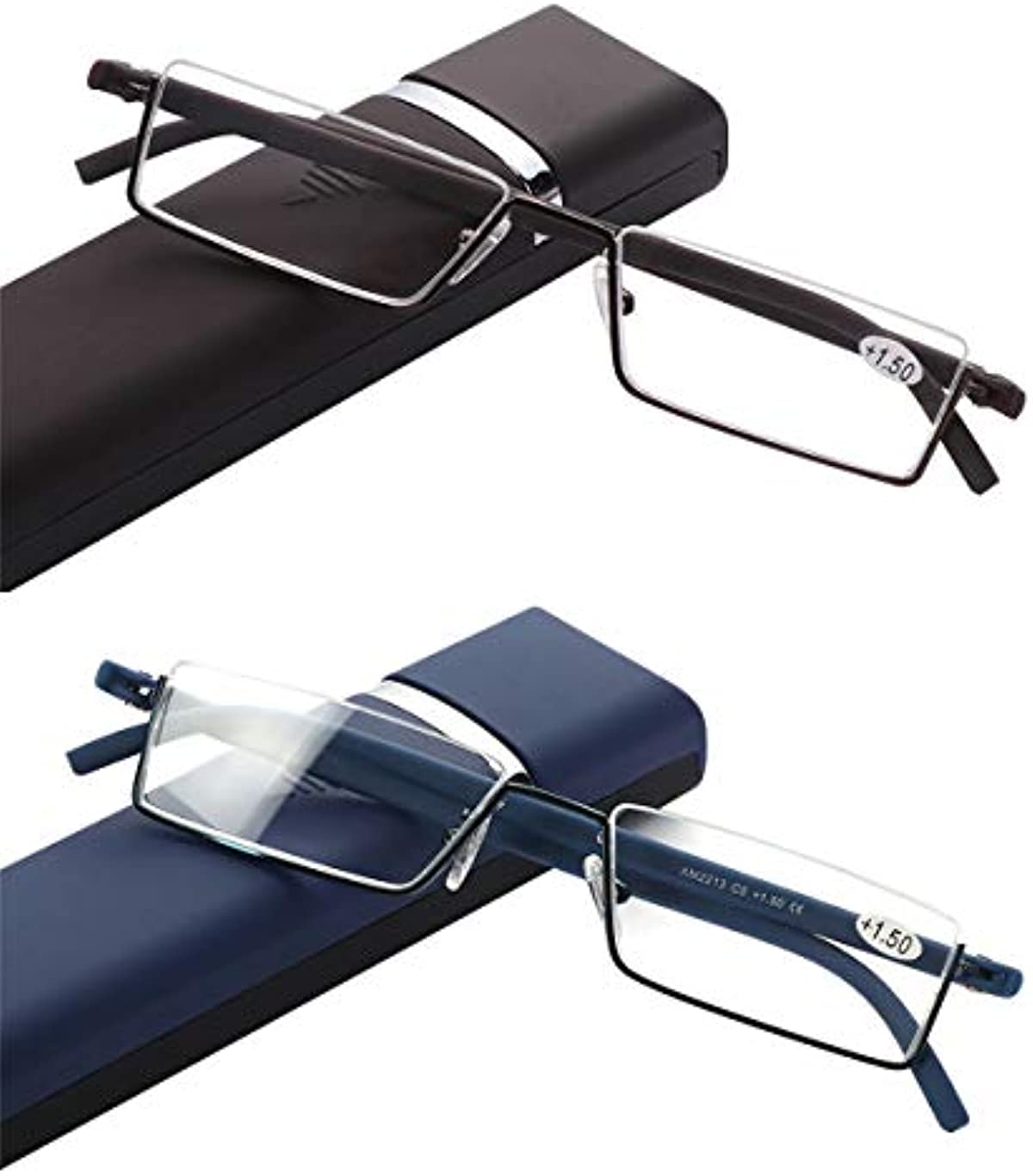 Half Frame Reading Glasses with Portable Case Thin Lightweight Reader Glasses with Spring Hinges for Women and Men(2Pairs 1.25)