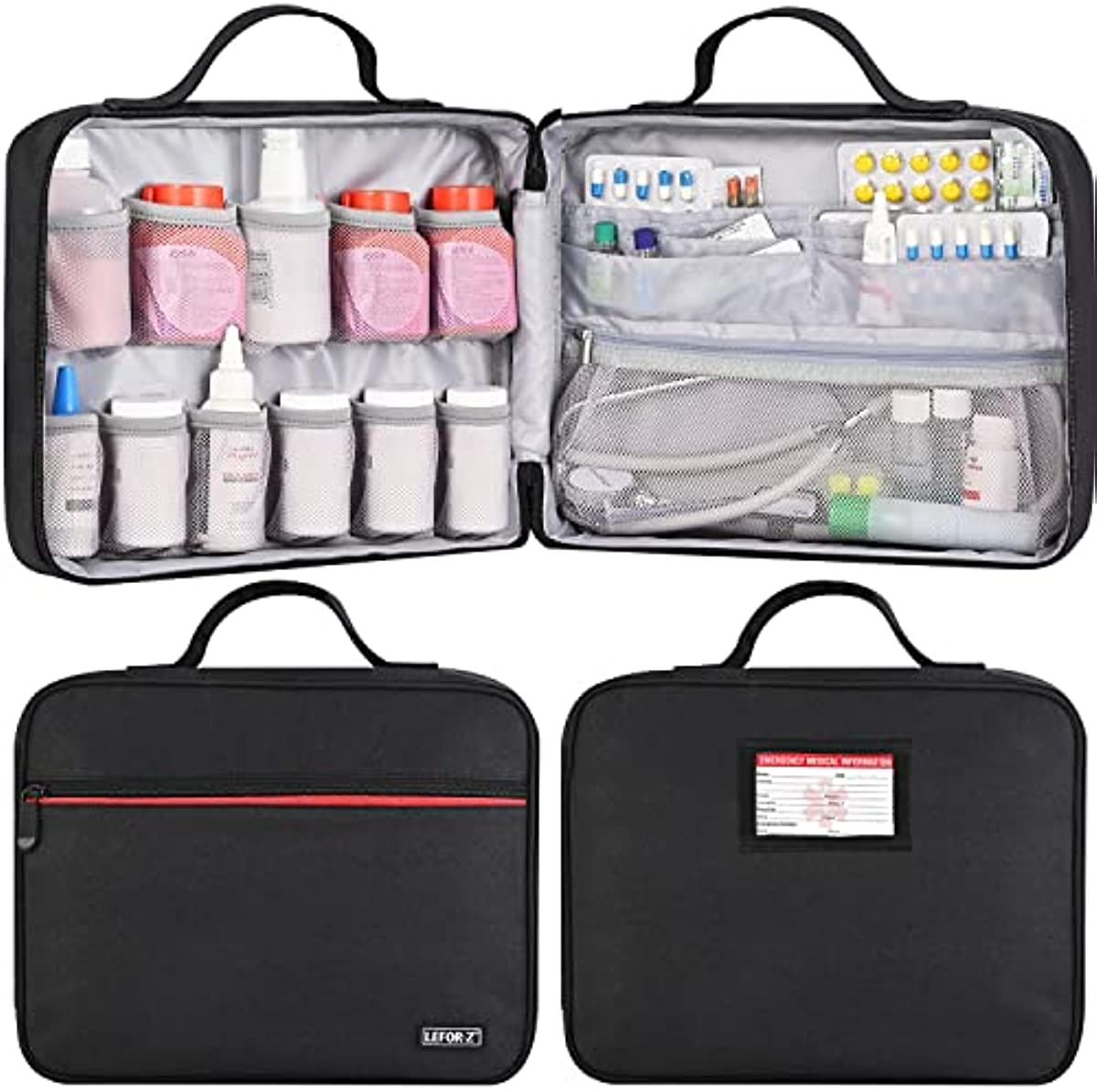 Large Medicine Bag,Pill Bottle Organizer,Travel Medicine Storage Case with Handle & Fixed Pockets for Vitamines,Medication,Medical Supplies