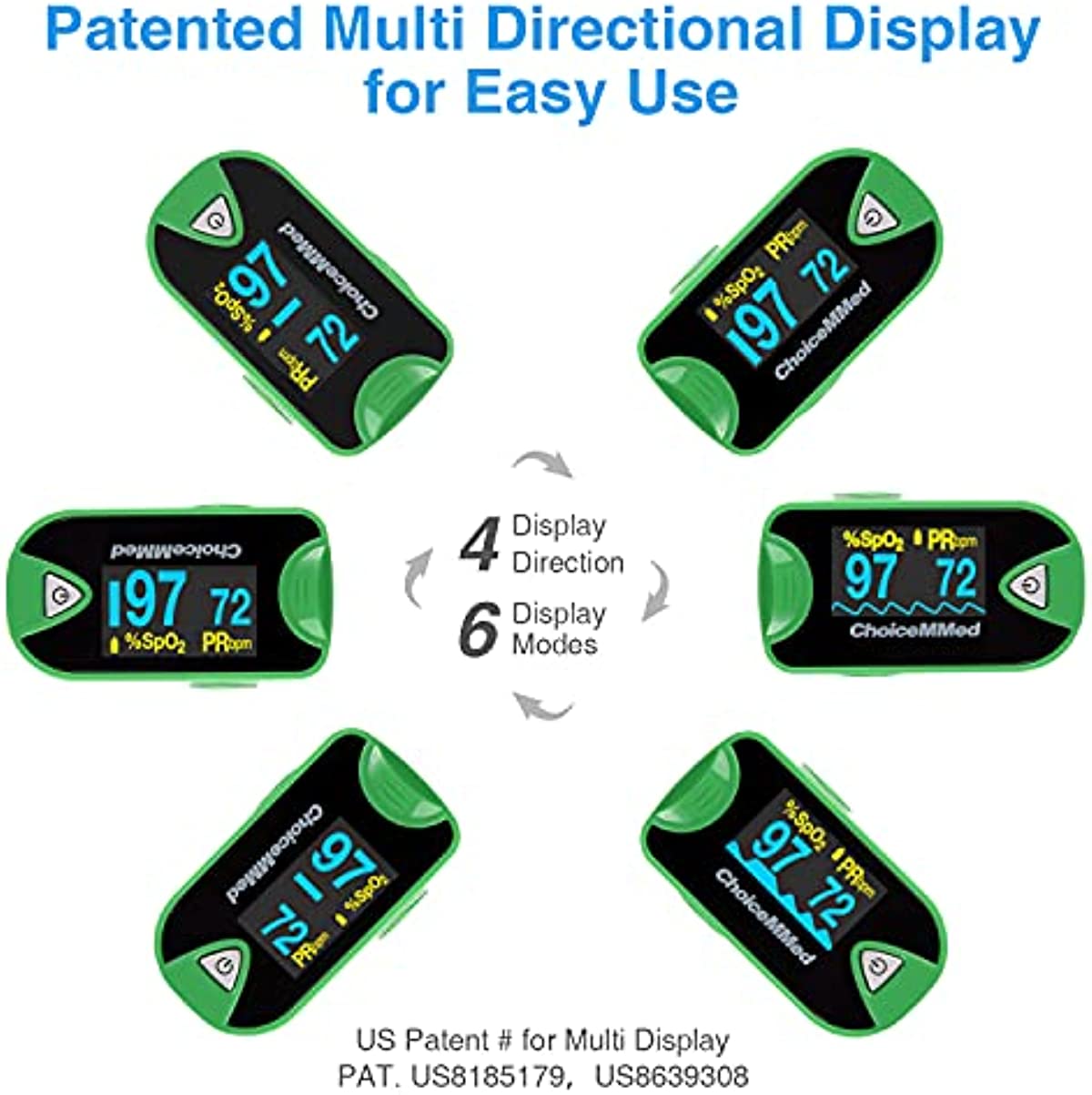 ChoiceMMed Dual Color OLED Finger Pulse Oximeter - Green - Blood Oxygen Saturation Monitor with Color OLED Screen Display and Included Batteries - O2 Saturation Monitor