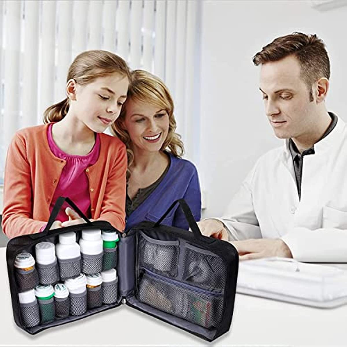 Pill Bottle Organizer, Medicine Bag Storage Medication Pill Box Case with Handle & Fixed Pockets, Travel Medicine Storage Box Bag for Vitamins, Medications, Medical Supplies, Large, Black