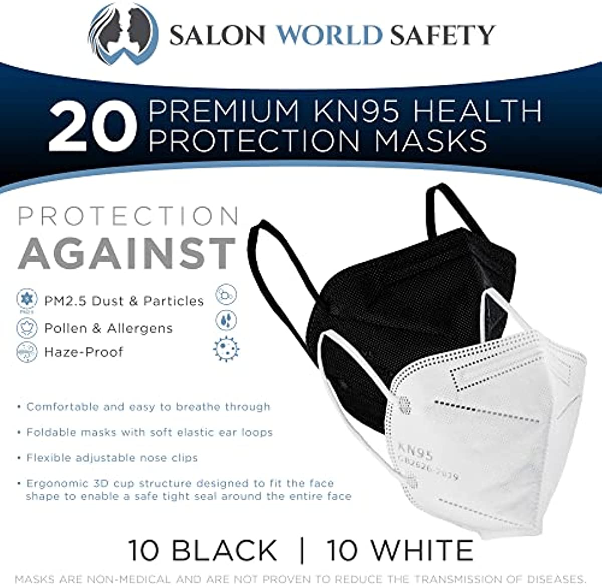 Salon World Safety KN95 Protective Masks, Pack of 10 White & 10 Black - Filter Efficiency ≥95{7743b21248fa991483b9d7641caef7182f78749537ff5e9d42bc316e1bc2c0be}, 5-Layers, Sanitary 5-Ply Non-Woven Fabric, Safe, Easy Breathing