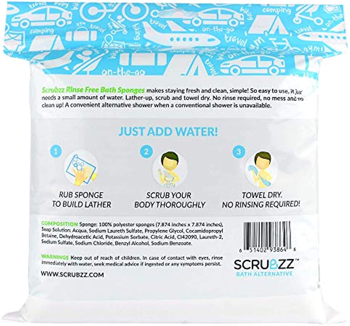 Scrubzz Disposable Rinse Free Bathing Wipes - 25 Pack - All-in-1 Single Use Shower Wipes, Simply Dampen, Lather, and Dry Without Shampoo or Rinsing